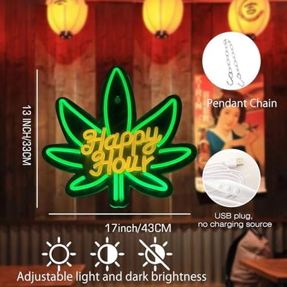 Happy Hour Neon Sign, USB 5V Powered LED Silicone Strip Neon Light, Acrylic Board Wall Decor for Bar Pub Man Cave Home Party, Non-Waterproof Indoor Use Only, Marijuana Neon Signs for Wall Decor
