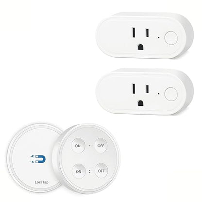 LoraTap Wireless Outlet (2 Pack) - Ergonomic Round Remote (Comfort Grip!) + Magnetic Wall Base - Stick & Grab, No Wall Damage - 15A/1875W 100ft Range - Control for Hard-to-Reach Sockets