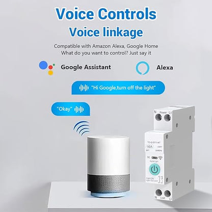 WiFi Circuit Breaker, 1P+N 16A 230V Smart Home Wireless Remote Control Switch Timer Voice Control Compatible with Smart Life TUYA APP DIN Rail Mounted