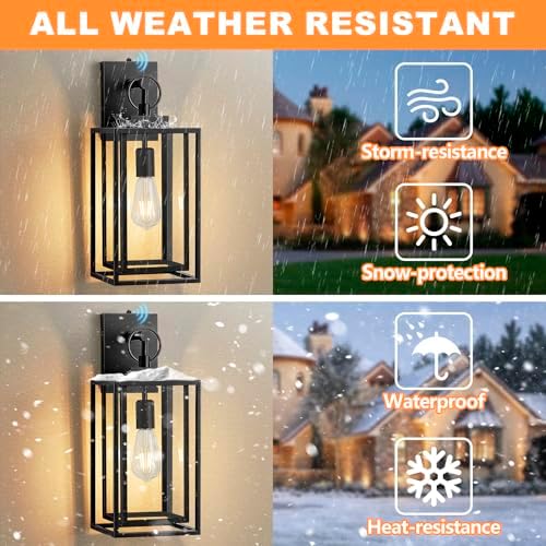 18 IN Dusk To Dawn Outdoor Wall Light,Double Cage Satin Black Exterior Lighting Fixtures With Clear Tempered Glass,Waterproof Auto On/Off Outdoor Lanterns For Porch,Garage,Yard,E26 Base,1 Pack