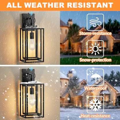 18 IN Dusk To Dawn Outdoor Wall Light,Double Cage Satin Black Exterior Lighting Fixtures With Clear Tempered Glass,Waterproof Auto On/Off Outdoor Lanterns For Porch,Garage,Yard,E26 Base,1 Pack