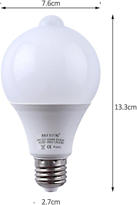 MIFXIN Motion Sensor Bulb Led E27 PIR Infrared Dusk to Dawn LED Light Bulb Detection Light Auto Switch Night Lights for Porch Patio Garage Stairs Lobby Carport Hallway Security (9w 810LM Cool White)