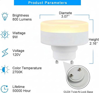 CRIOO GU24 LED Light Bulb with Lampshade & Pull Chain Switch, 9W 60W Equiv, 2700K, 800LM, UL Listed, 2 Prong Twist Lock for Home Kitchen Closet