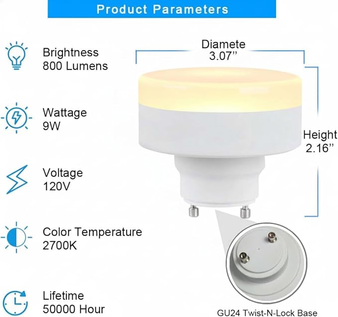 CRIOO GU24 LED Light Bulb with Lampshade, UL Listed, 9W 60W Equiv, 2700K, 800LM, 2 Prong Twist Lock for Kitchen Closet