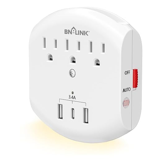 BN-LINK 3-Outlet Extender, Multi Plug Outlets with 3 USB Ports (3.4A Total), Dusk-to-Dawn Sensor Night Light, Surge Protector with Top Phone Holder, for Traveling, Home, School, Office