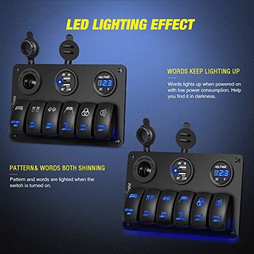 Nilight 6 Gang Rocker Switch Panel Laser Etched Aluminum Light Bar Switch with Cigarette Lighter USB Charger Voltmeter for 12V 24V Cars Boats Trailers