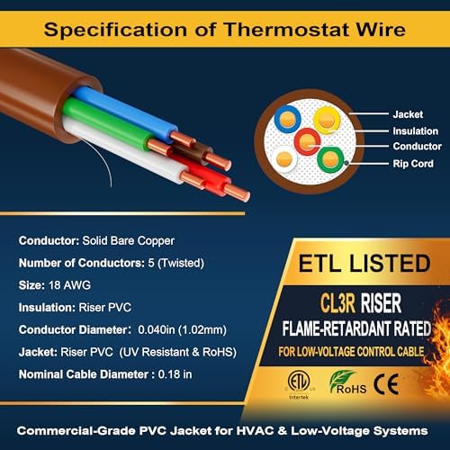 18/5 Thermostat Doorbell HVAC Wire, True Gauge 18 AWG 5 Conductor Solid Copper Control Cable, ETL Listed CL3R/CMR Riser Rated Flame-Retardant, RoHS, for 0-30V Low Voltage Systems - 75FT