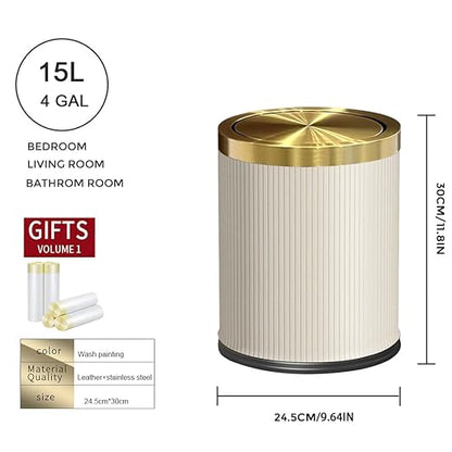 White Gold Bathroom Trash Can,Bedroom Garbage can with lid，Modern Trash Can with Flipping Lid, 4gallon,Garbage cans for Kitchen，Living Room (15L-White)
