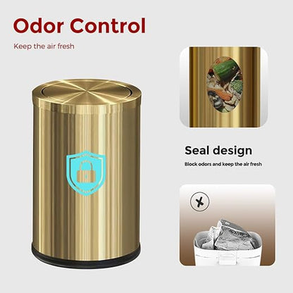 9L/2.4Gal Gold Trash Can,Brass Bathroom Garbae Can with Flipping Lid,Small Brass Garbage Can for Office, Laundry Room,Bedroom,Hotel