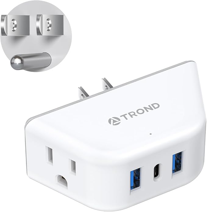 TROND Outlet Extender with USB, 2 AC Sockets and 3 USB Ports | 3-Side Design Wall Plug Adapter, Cruise Essentials, Plug Extension Outlet for Travel Home Office, White
