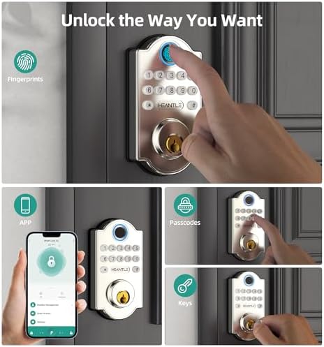 Keyless Fingerprint Door Lock Set: HEANTLE WiFi Front Door Lock with Handles - Alexa Smart Electronic Digital Keypad Deadbolt Sets App Remote Control Auto Satin Nickel
