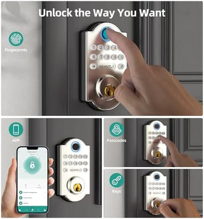 Keyless Fingerprint Door Lock Set: HEANTLE WiFi Front Door Lock with Handles - Alexa Smart Electronic Digital Keypad Deadbolt Sets App Remote Control Auto Satin Nickel