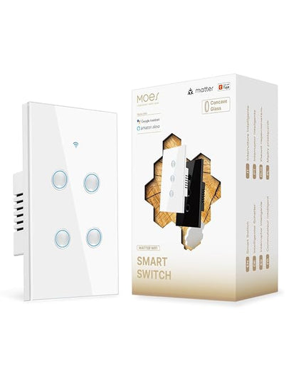 MOES Matter WiFi Smart Light Switch, Touch Glass, White 4 Gang