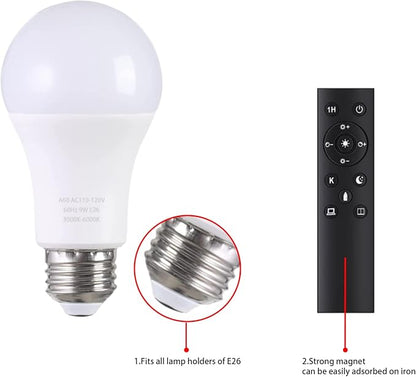 A19 LED Light Bulbs with Remote Control, 800LM 9W (60W Equivalent) Bulbs,Stepless Dimmable 3000K-6000K,E26 Base,CRI 80+,2.4GHz,25000+ Hours Lifespan,Light Bulb for Home Decor,3Bulb & 1Remote