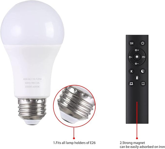 A19 LED Light Bulbs with Remote Control, 800LM 9W (60W Equivalent) Bulbs,Stepless Dimmable 3000K-6000K,E26 Base,CRI 80+,2.4GHz,25000+ Hours Lifespan,Light Bulb for Home Decor,3Bulb & 1Remote