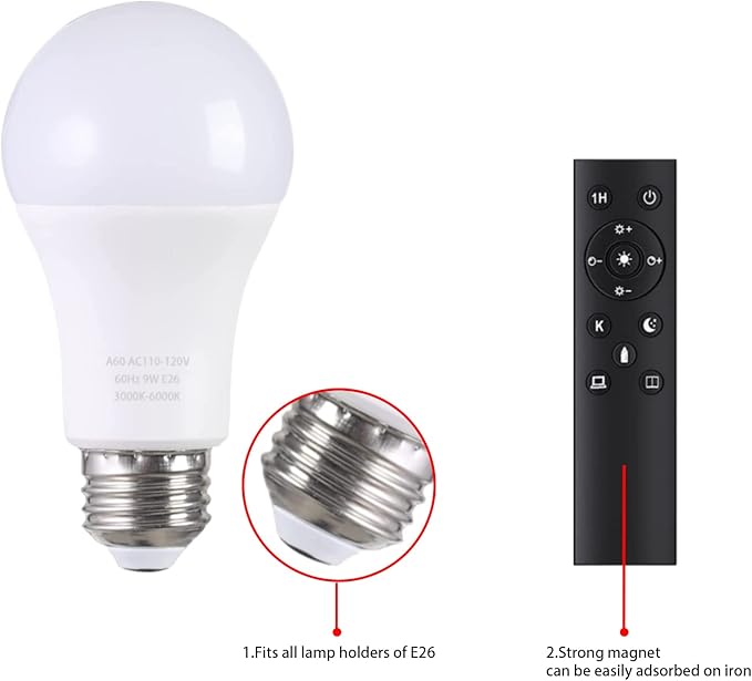A19 LED Light Bulbs with Remote Control 1100LM 12W (80W Equivalent) LED Bulbs,Stepless Dimmable 3000K-6000K,E26 Base,CRI 80+,2.4GHz,25000+ Hours Lifespan,Light Bulb for Home Decor,1Bulb & Remote