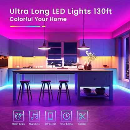 TJOY 130ft Bluetooth LED Strip Lights, RGB Color Changing, Music Sync, App Control, Indoor Usage, 5050 SMD, 2 Rolls, for Bedroom Kitchen TV Party (APP+Remote +Mic)