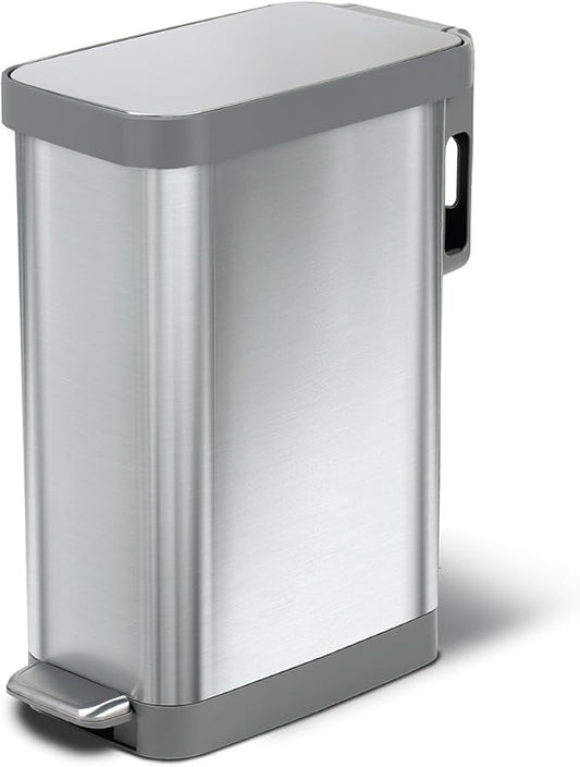 Glad Slim Trash Can with Clorox Odor Protection - Narrow Kitchen Garbage Bin with Soft Close Lid, Step On Foot Pedal and Waste Bag Roll Holder, All Stainless, 12 Gallon/45 Liter