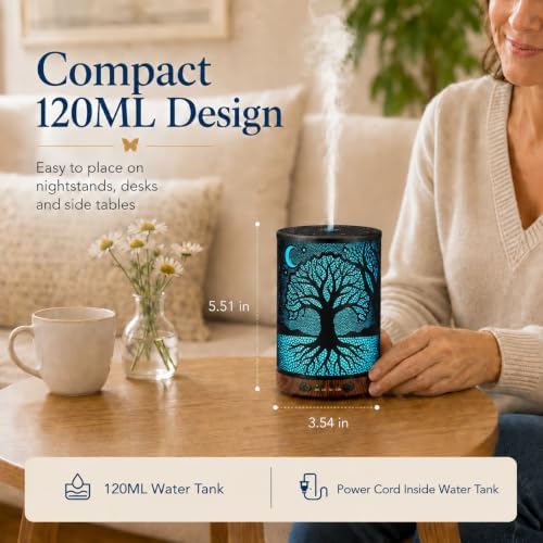 Essential Oil Diffuser, 120 ml Aromatherapy Diffuser with 7 Color Lights, Auto Shut-Off and 4 Timer Settings, Ultrasonic Cool Mist Diffuser for Home Room Office (Moonlit Tree)