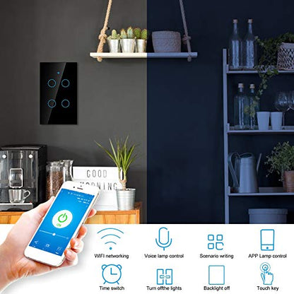 Smart Light Switch – Modern Day Light Switch, 4-Way LED Back-Lit Control Lighting from Anywhere - Easy in-Wall Installation - Compatible with , Home (US)(Black)
