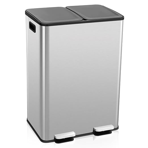 Goplus Dual Trash Can, 16 Gallon/ (2x30L) Double Trash and Recycling Bin Combo for Kitchen, Stainless Steel Garbage Can with 2 Removable Inner Buckets, Soft Closure & Step-on Pedal