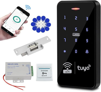 Wireless WiFi Tuya Access Control System Kit Waterproof IP68 RFID Keypad 125KHz 13.56MHz + Door Electric Strike Lock + DC12V Power Supply, Smart APP Remote Control