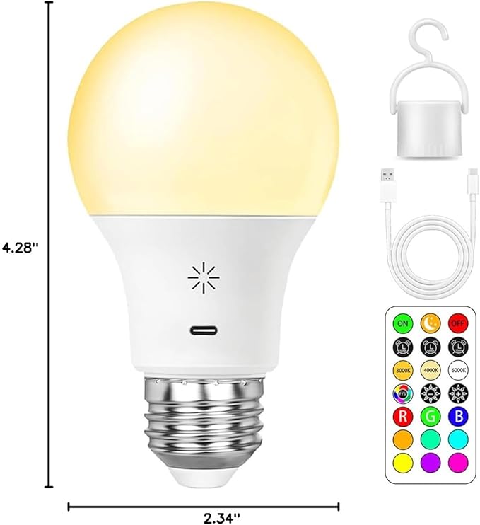 LED Rechargeable Light Bulbs With Remote ＆ Touch Dimmable, E26 Battery Operated Light Bulb for Lamps, RGB 12 Colors, 2600mAh USB battery backup Light Bulb With Timer, A19 Small Light Bulbs 1 Pack