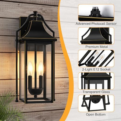 18IN Dusk to Dawn Outdoor Wall Sconce, 2-E12 Base Porch Light