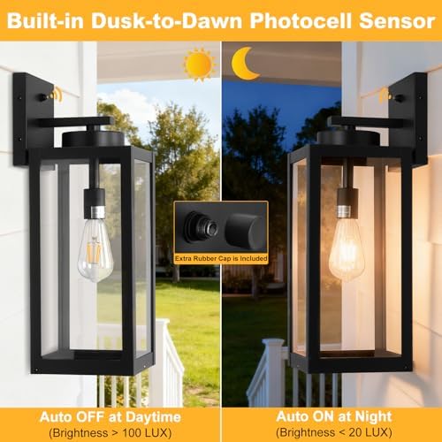 20" Black Dusk to Dawn Outdoor Wall Lantern with Closed Bottom, Coach Light