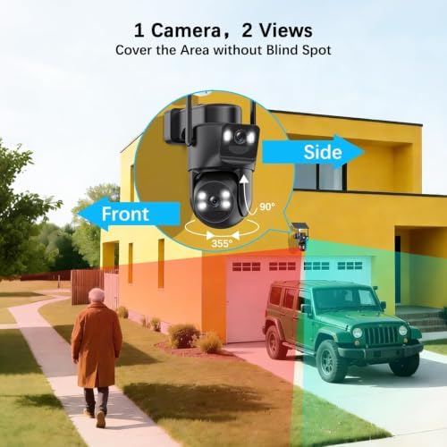 4K Solar Security Cameras Wireless Outdoor with Dual Lens, 2 Cam Kit, No Subscription Fee, Home Security System with Color Night Vision, Auto Tracking, Motion Detection