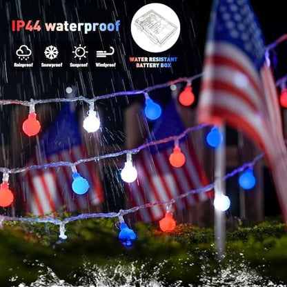JMEXSUSS Red White and Blue Lights Battery Operated, 33ft 4th of July Lights Outdoor Waterproof, 100 LED String Light for Independence Day Memorial Patriotic Day Decor (Pack of 2)