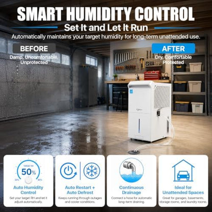 Dehumidifier for Basement, Home and Garage, Max 140 Pint/Day 6,000 Sq.Ft