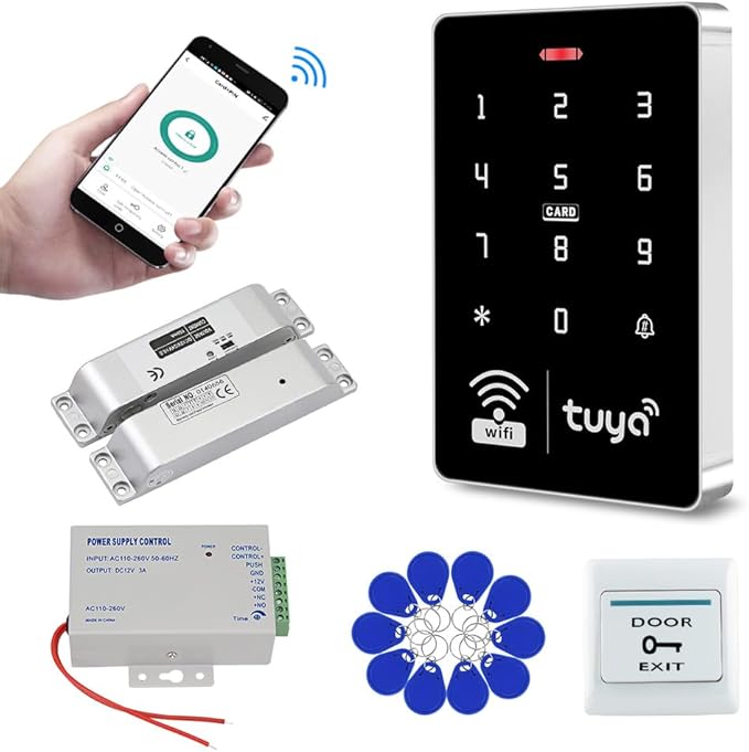 Wifi Tuya Smart Access Control System Kit RFID Access Controller IP68 Waterproof 125KHz 13.56MHz Reader + Electric Drop Bolt Lock, Phone APP Password Unlock