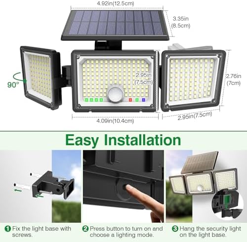 Solar Outdoor Lights Motion Sensor, 2500LM 286 LED Security Flood Lights with Visual Battery & Mode Display, 3 Lighting Modes, IP65 Waterproof 3-Head Wide Angle for Garage, Yard, Patio (6 Pack)
