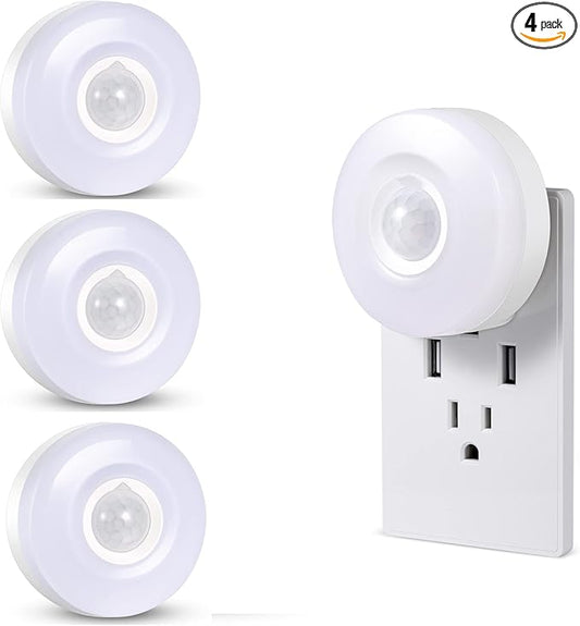 CREWEEL Night Light Plug in, Bright Motion Sensor Nightlights (200 Lumens), Smart LED Night Lights Plug Into Wall, Ideal for Bathroom, Hallway, Garage (Cool White 4Pack)
