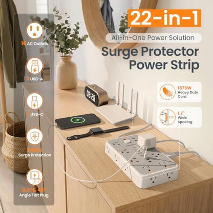 20 FT Surge Protector Power Strip with 6 USB, 16 Outlets, 2400J