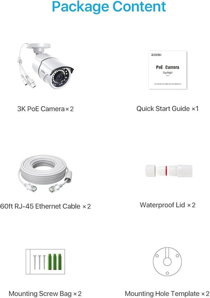 ZOSI 2-Pack 5MP Add-on PoE Security Camera with Ethernet Cables, 120ft Night Vision, IP66 Weatherproof, Outdoor Indoor Home Bullet Camera Only Compatible Same Brand 5MP 4K PoE NVR Systems