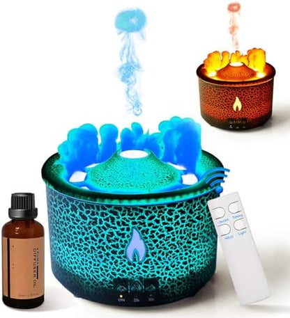 BOHOFAM Aroma Essential Oil Diffuser 360 ML,Volcano and Flame Diffuser/Humidifier,give1.76 oz Hotel Collection Essential Oils,Blue/red Light Selection,Diffusers for Home,Large Room(Black Cracks)