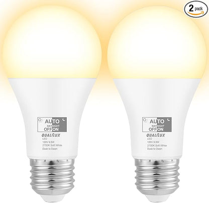 Qualilux Dusk to Dawn Light Bulbs 850LM, 60W Equivalent, Soft White, LED 9.5W, A19, E26 Base, 2-Pack, HQ-H015