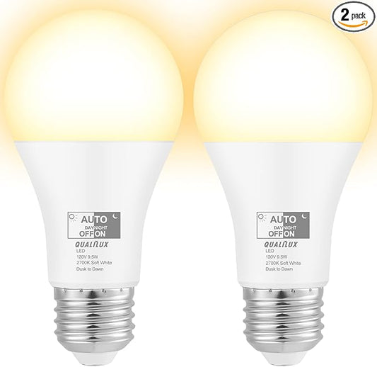 Qualilux Dusk to Dawn Light Bulbs 850LM, 60W Equivalent, Soft White, LED 9.5W, A19, E26 Base, 2-Pack, HQ-H015
