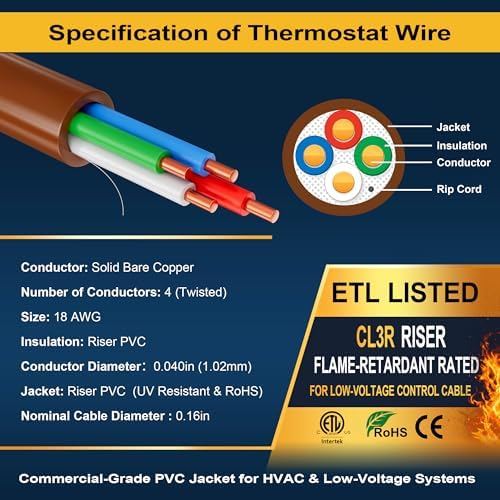 18/4 Thermostat Doorbell HVAC Wire, True Gauge 18 AWG 4 Conductor Solid Copper Control Cable, ETL Listed CL3R/CMR Riser Rated Flame-Retardant, RoHS, for 0-30V Low Voltage Systems - 40FT