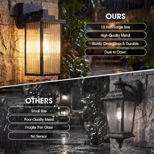 2Pack 15-Inch Dusk to Dawn Outdoor Wall Light, Black All-Metal Frame
