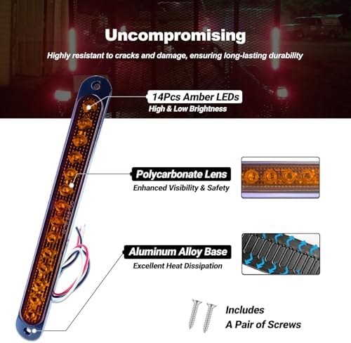 10" LED Amber Trailer LED Turn Signal Light Bar Strip Aluminum Alloy Base Side Marker Tail Lights Assembly for Truck RV Marine Boats, 15 LEDs 2Pcs
