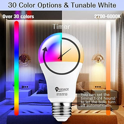 LED Color Changing Light Bulb with Remote Control, 60W Equivalent RGB Bulbs, 8W Dimmable E26 A19 2700K-6000K Warm White Indoor/Outdoor Colored Light Bulbs for Bedroom, Living Room, 4-Pack