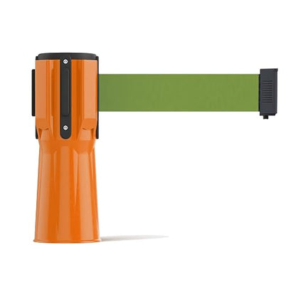 Trafford Industrial 11 Ft Cone-Mounted Retractable Belt Barrier | Crowd Control and Traffic Control, Orange ABS Case, Olive 2-inch Herringbone Belt, 4-way Receiver and Retraction Control