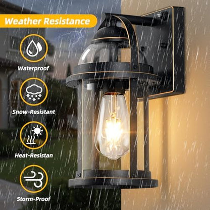 OKELI Dusk to Dawn Outdoor Wall Lights, Waterproof Lighting Fixtures Rustic Farmhouse Wall Lanterns with Clear Glass Shades Anti-Rust Outside Lights for House(Black with Gold-Trim, 2 Pack)