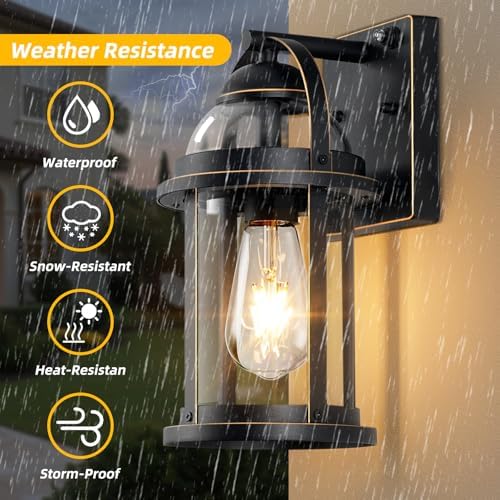 OKELI Dusk to Dawn Outdoor Wall Lights, Waterproof Lighting Fixtures Rustic Farmhouse Wall Lanterns with Clear Glass Shades Anti-Rust Outside Lights for House(Black with Gold-Trim, 1 Pack)