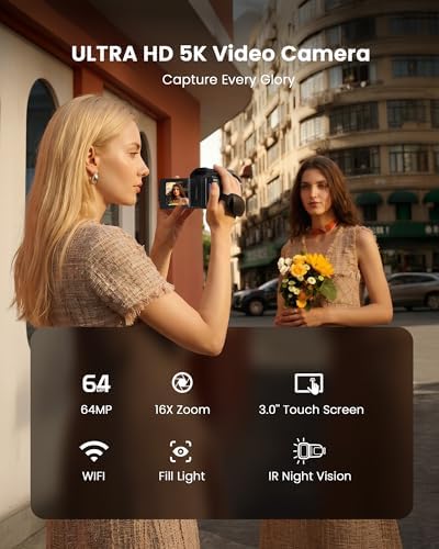 5K Video Camera Camcorder, 64MP Video Cameras for Filming with 3" 270° Rotatable Touch Screen, 16X Zoom Digital Camera with IR Night Vision, WiFi & Webcam, 32GB Card + 2 Batteries + Mic Included