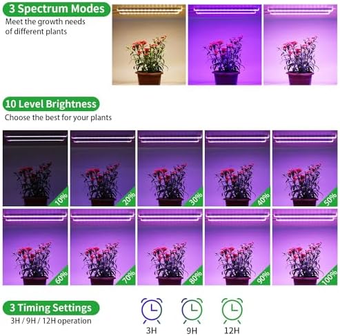 RWNTAO Two Strip Growing Lamp for Indoor Plants, Red & Blue & Yellow Full Spectrum LED Grow Light Strips with Auto ON/Off 3/9/12H Timer,10 Dimmable Levels for Green House Succulent (2 Head 13 in)