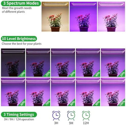 RWNTAO Two Strip Growing Lamp for Indoor Plants, Red & Blue & Yellow Full Spectrum LED Grow Light Strips with Auto ON/Off 3/9/12H Timer,10 Dimmable Levels for Green House Succulent (2 Head 13 in)